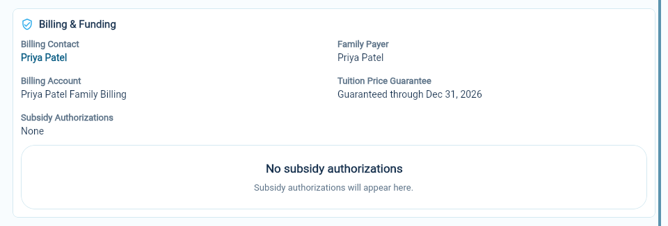 Amira’s enrollment with Priya Patel as billing contact and family payer, and a price guarantee through December 31.